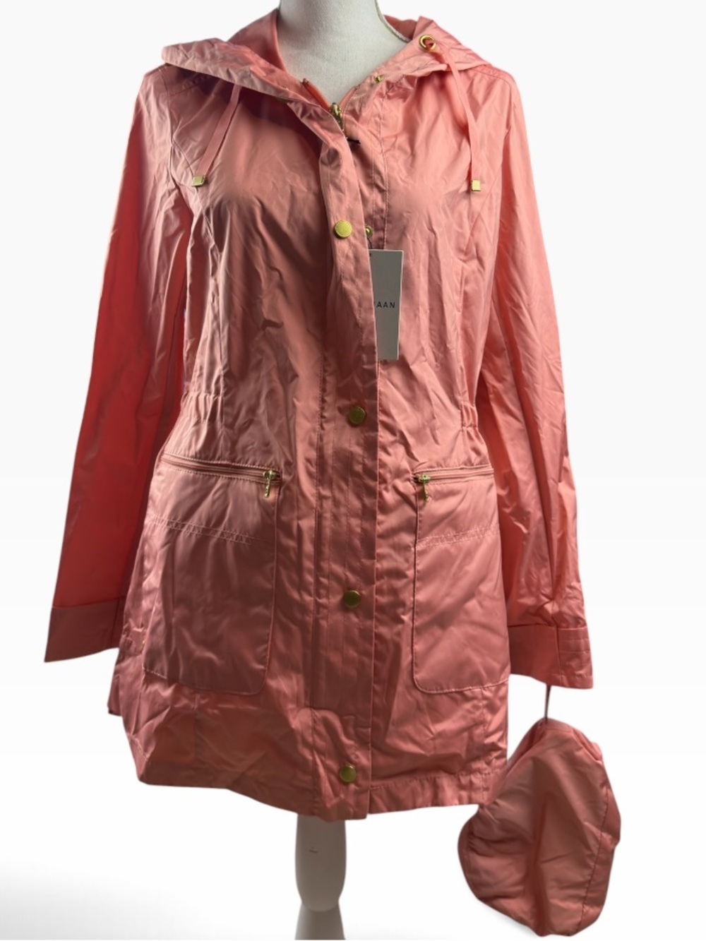 COLE HAAN LIGHTWEIGHT HOODED PACKABLE CORAL RAINCOAT - NWT!